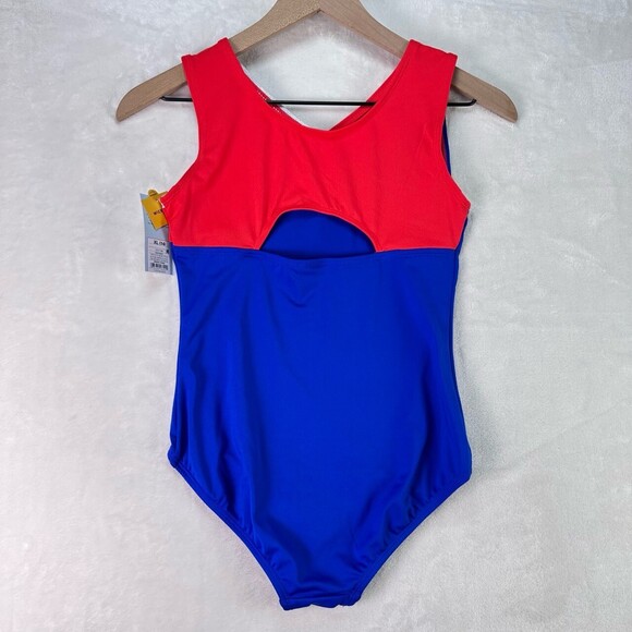 NWT Girls Red Wt Blue Star Embellished Sleeveless Asymmetric Flag Leotard XL14 - Picture 8 of 10